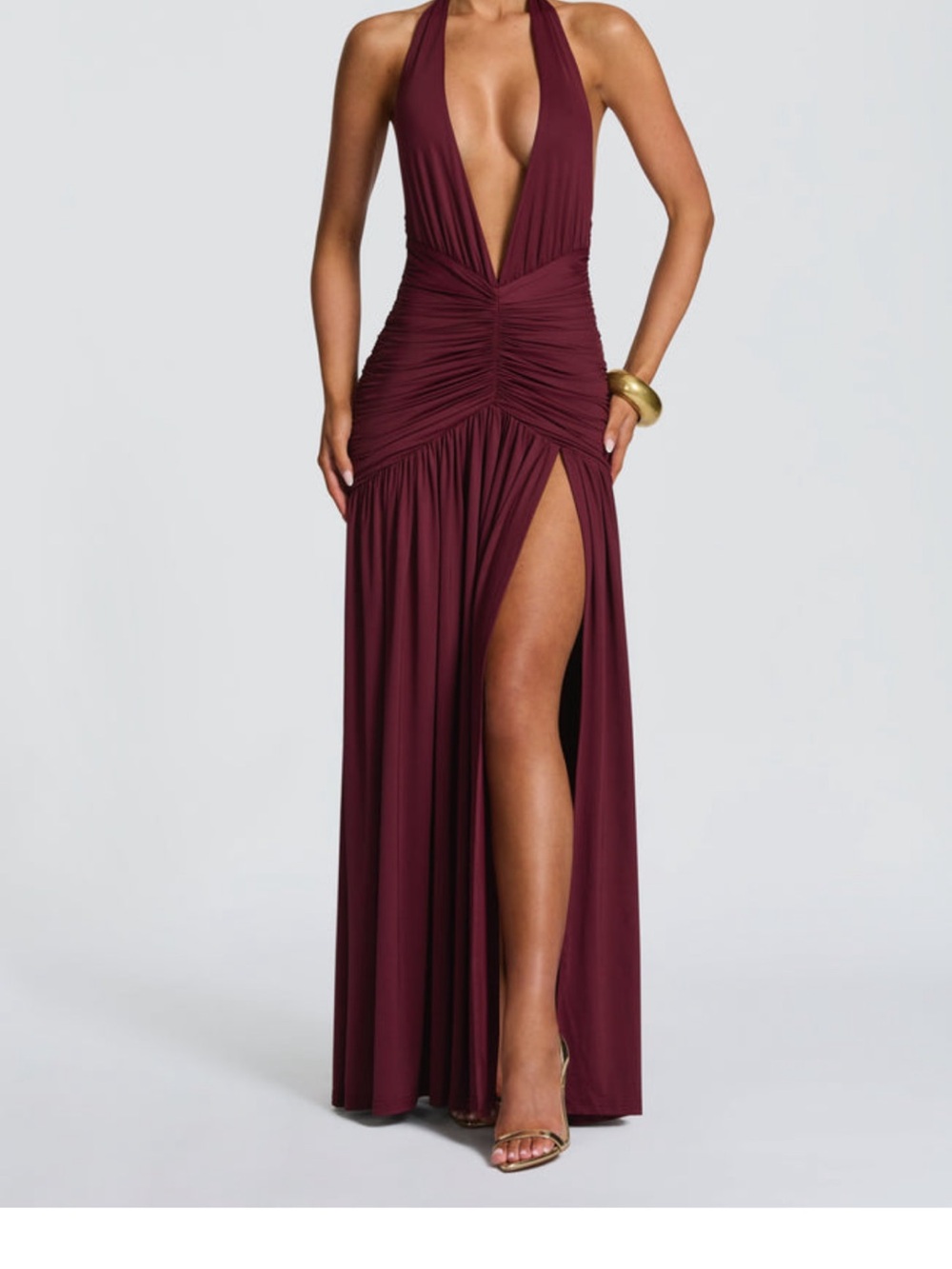 Plunging Halter Maxi Dress in Burgundy with High Slit